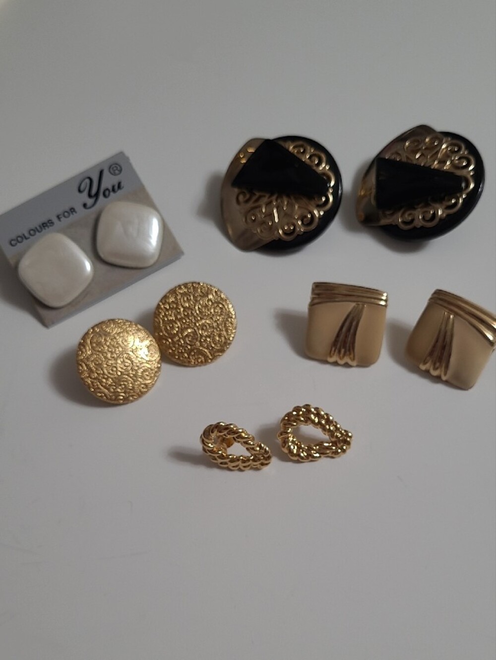 80s 90s Earrings Gold Textured, Black Tones - Bundle of 5